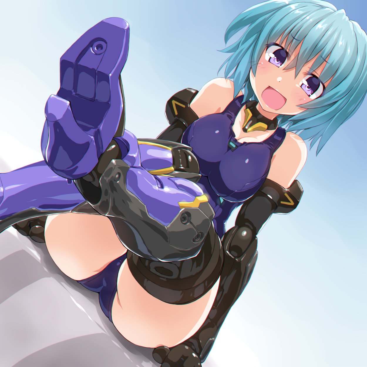 1girl black_gloves black_legwear blue_hair blush breasts covered_navel dd_(ijigendd) elbow_gloves eyebrows_visible_through_hair frame_arms_girl gloves gradient highres hresvelgr large_breasts mecha_musume old_school_swimsuit open_mouth school_swimsuit short_hair solo swimsuit thigh-highs violet_eyes