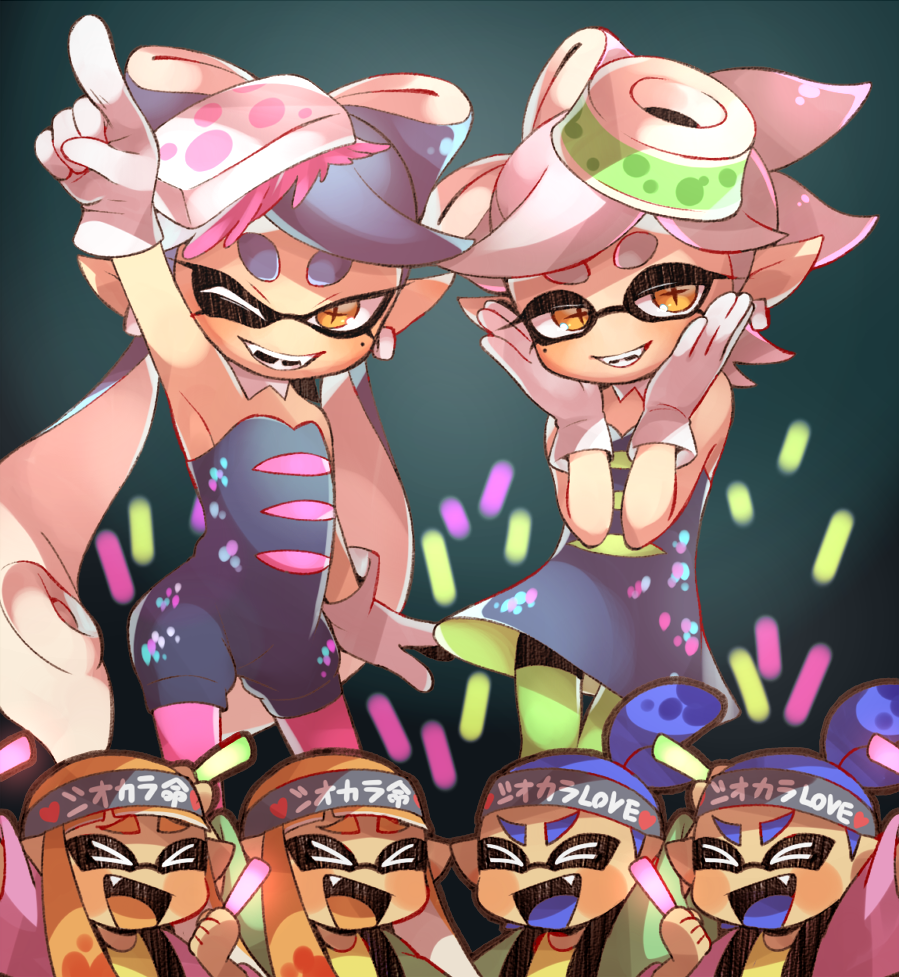 &gt;_&lt; +_+ 2boys 4girls aori_(splatoon) bangs bike_shorts black_dress black_hair black_jumpsuit black_shorts blue_hair blue_tongue blunt_bangs brown_eyes cousins cowboy_shot detached_collar domino_mask dress earrings fang fangs food food_on_head glowstick green_legwear grey_hair grin hands_on_own_face headband hotaru_(splatoon) inkling jewelry long_hair looking_at_viewer mask mole mole_under_eye multiple_boys multiple_girls object_on_head one_eye_closed open_mouth orange_hair orange_tongue pointy_ears scrunchie short_dress short_hair short_jumpsuit shorts shorts_under_dress smile splatoon standing strapless strapless_dress sushi tentacle_hair topknot wahootarou