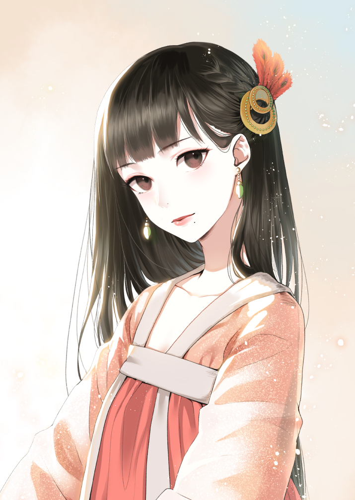 1girl bangs black_eyes black_hair blush collarbone earrings eyebrows_visible_through_hair furururu hair_ornament jewelry lipstick long_hair looking_at_viewer looking_to_the_side makeup mole mole_under_mouth original red_lipstick smile solo upper_body