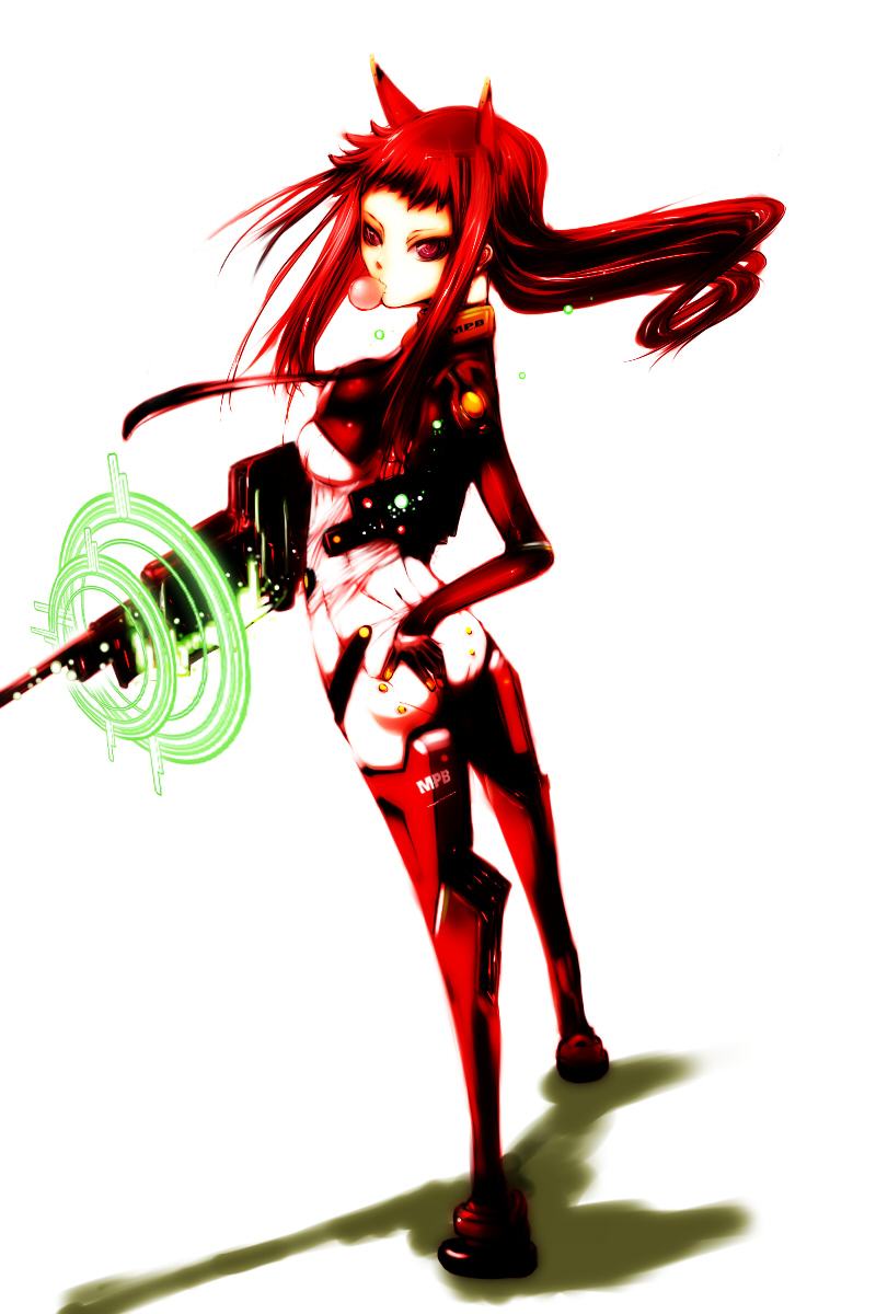 1girl animal_ears ass ass_grab bodysuit breasts bubble_blowing bubblegum cable clothes_writing collar eulen_spiegel glowing gun highres kae_(artist) kagerou_sabine_kurzringer long_hair looking_at_viewer looking_back payot profile red_eyes red_hair redhead rifle science_fiction scifi self_fondle shadow sideboob simple_background skin_tight solo standing transparent weapon white_background wind