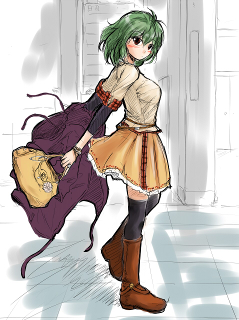 bag blush boots breasts casual contemporary fechirin green_hair kazami_yuuka short_hair sketch skirt street thigh-highs thighhighs touhou