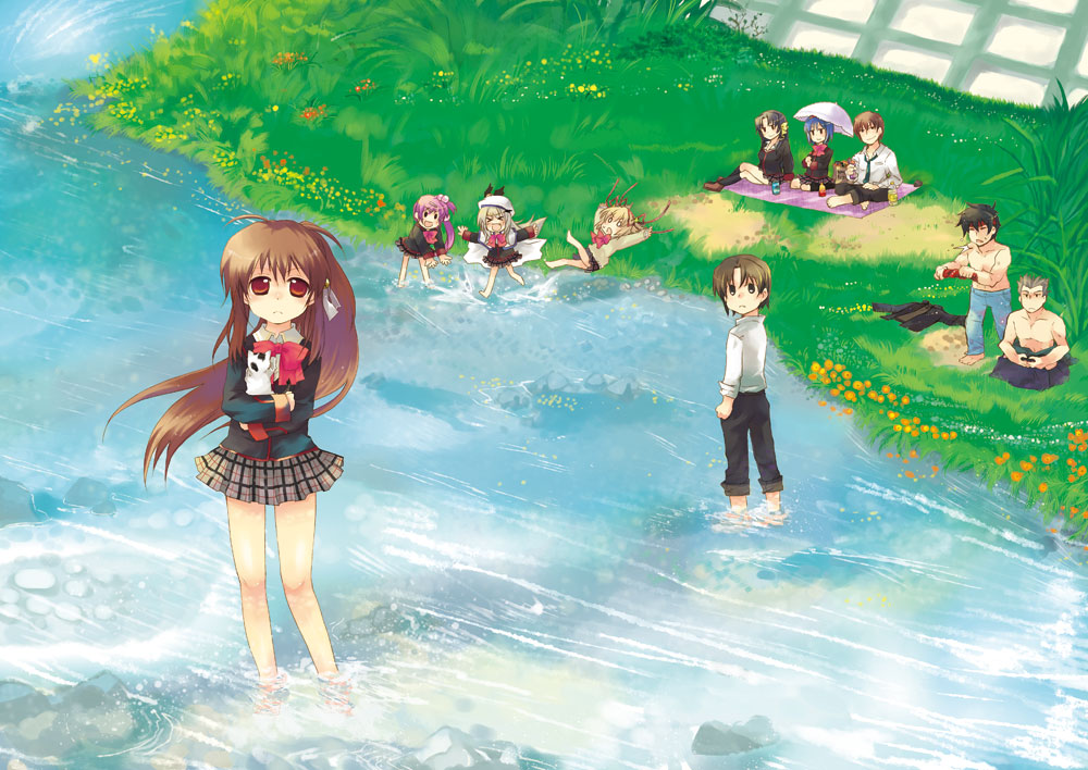 cat kamikita_komari kurugaya_yuiko little_busters! little_busters!! misaki_kozue natsume_rin nishizono_mio noumi_kudryavka picnic river saigusa_haruka umbrella water