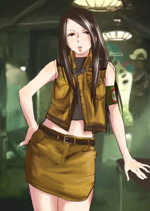 :o advance_wars advance_wars:_days_of_ruin arm_support armband bare_shoulders belt black_hair brown_eyes crop_top hand_on_hip lin_(advance_wars) long_hair midriff military military_uniform miniskirt open_mouth rnaru0 skirt solo standing table turtleneck uniform vest