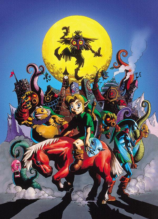 blue_eyes boots epona link majora's_mask majora's_mask mask moon nintendo official_art pointy_ears skull_kid sword the_legend_of_zelda weapon