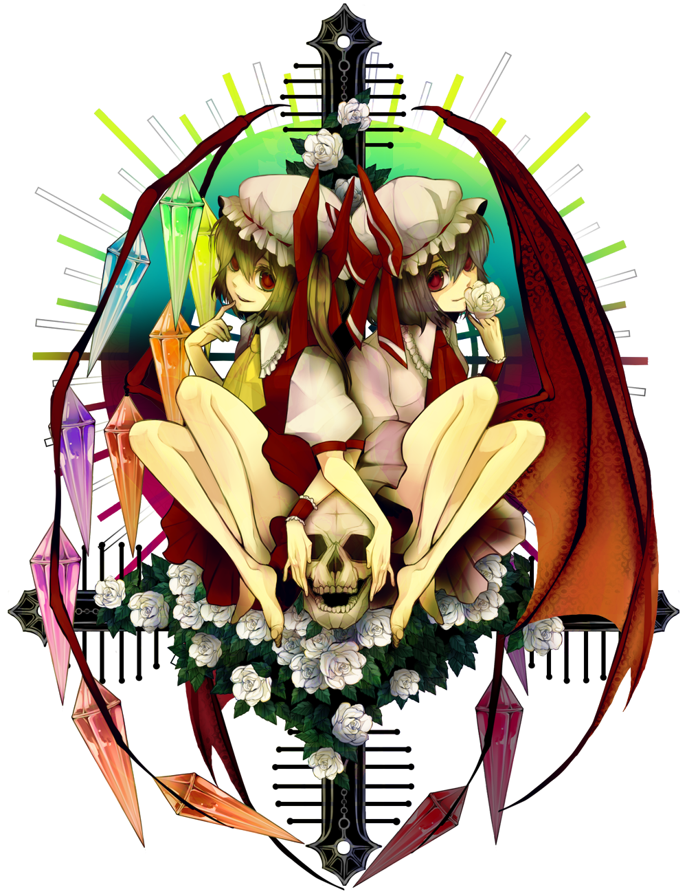 barefoot flandre_scarlet flower hat highres matching_outfit red_eyes remilia_scarlet rose roses short_hair siblings sisters skirt skull skulls symmetry todoroki_sora touhou wings