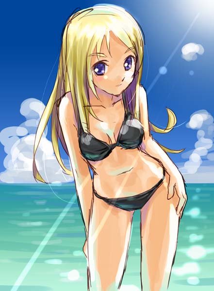 blonde_hair katahira_masashi long_hair ocean original purple_eyes sketch swimsuit violet_eyes