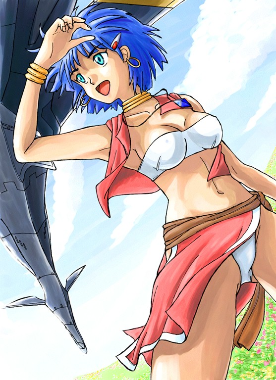 bare_shoulders blue_eyes blue_hair bracelet cloud clouds dark_skin dutch_angle earrings erumo fushigi_no_umi_no_nadia hair_ornament hairclip jewelry loincloth midriff nadia nautilus neck_ring necklace panties short_hair sky tubetop underwear vest wind