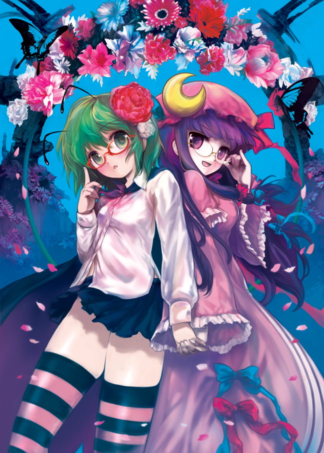 adjusting_glasses antenna antennae bespectacled blush butterfly cape dress flower glasses green_eyes green_hair hand_holding hat holding_hands itou_life long_hair miniskirt multiple_girls patchouli_knowledge petals purple_eyes purple_hair short_hair skirt striped striped_legwear striped_thighhighs taiki thigh-highs thighhighs touhou violet_eyes wriggle_nightbug zettai_ryouiki