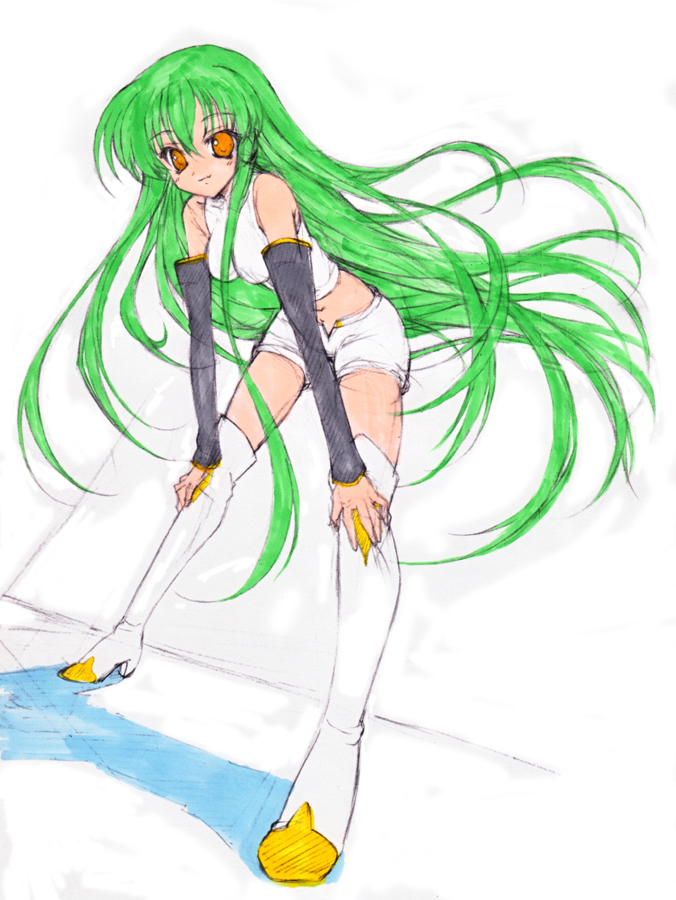 c.c. cc code_geass green_hair hayakawa_harui long_hair midriff spread_legs thighhighs very_long_hair