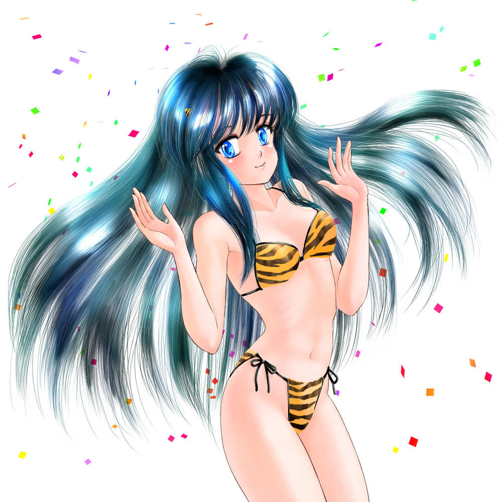 blue_eyes blue_hair confetti horns long_hair lum side-tie_bikini suika_m swimsuit tiger_print urusei_yatsura