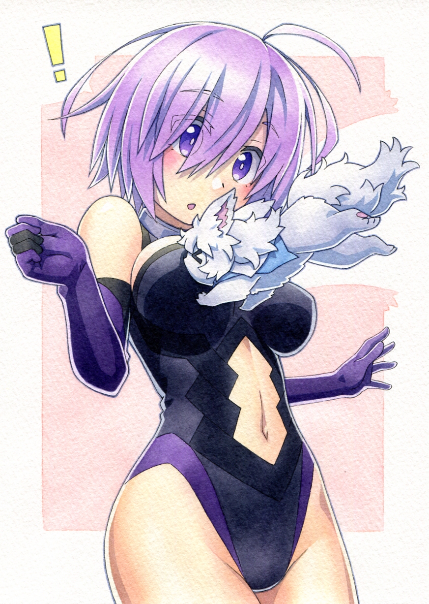 ! 1girl breasts cowboy_shot elbow_gloves fate/grand_order fate_(series) fou_(fate/grand_order) glasses gloves hair_over_one_eye highres kawachi_koorogi large_breasts leotard navel navel_cutout open_mouth purple_hair shielder_(fate/grand_order) short_hair solo violet_eyes