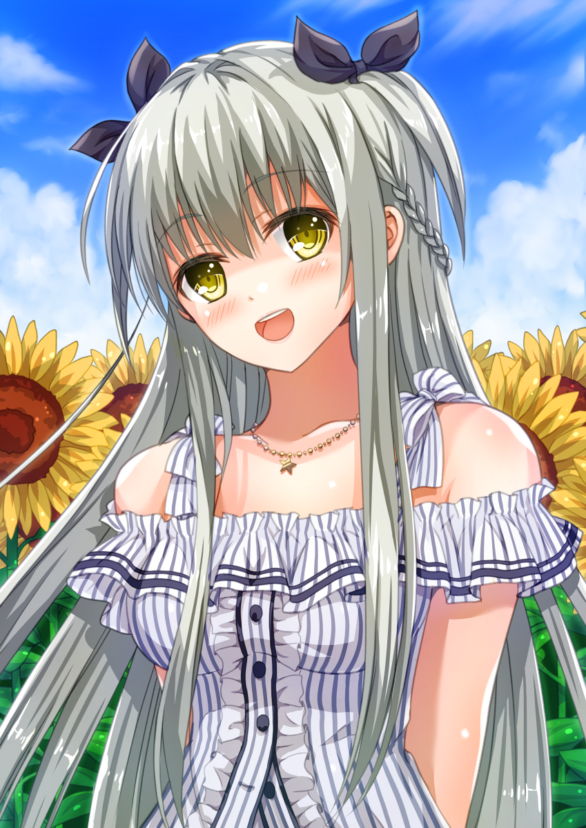 1girl black_ribbon blush breasts collarbone eyebrows_visible_through_hair flower hair_ribbon highres hoshimaemi jewelry large_breasts long_hair looking_at_viewer necklace open_mouth original ribbon silver_hair smile solo star star_necklace sunflower yellow_eyes