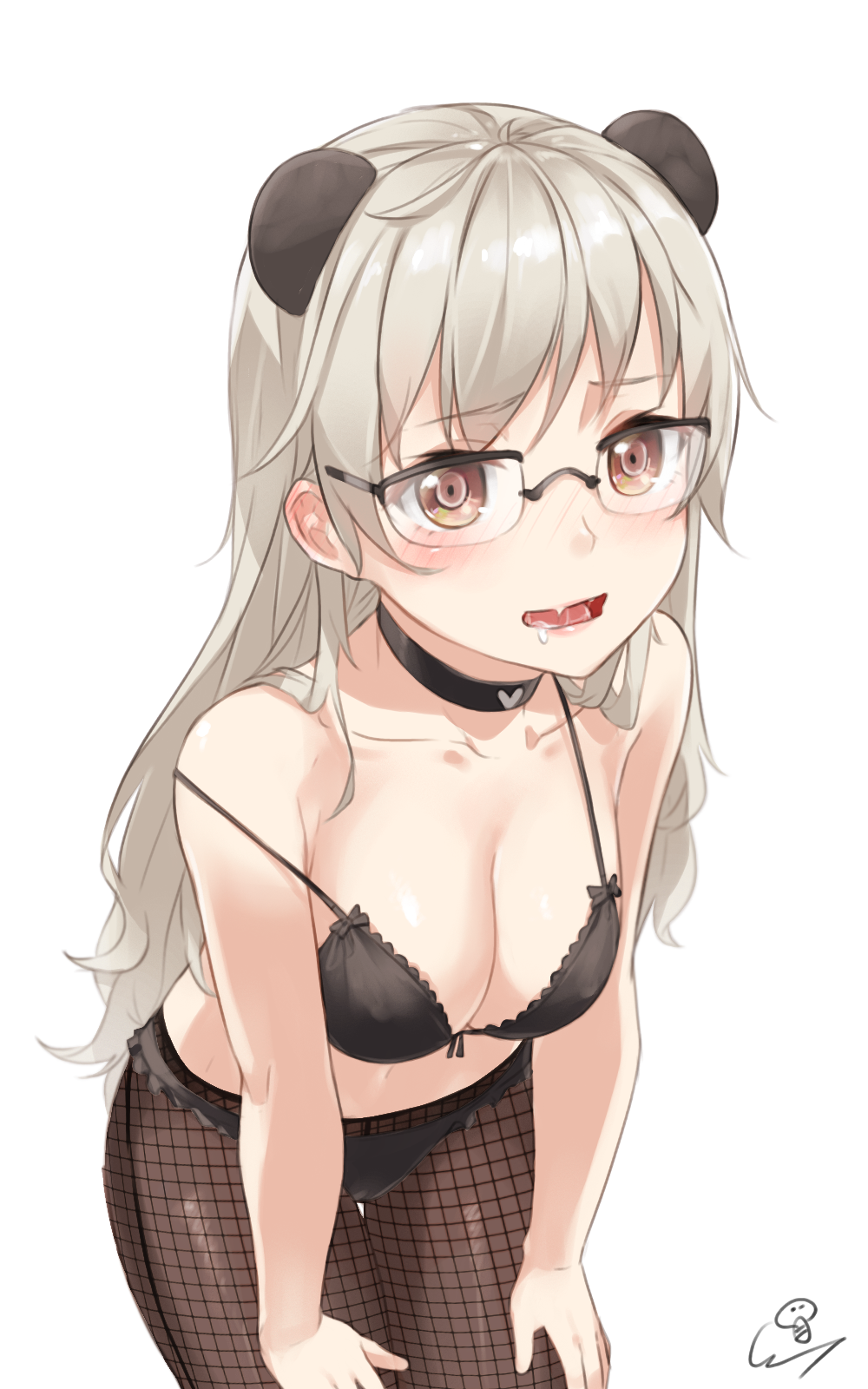 1girl animal_ears bare_shoulders black-framed_eyewear black_bra black_choker black_legwear black_panties blush bra breasts choker cleavage collar collarbone drooling eyebrows_visible_through_hair fishnet_pantyhose fishnets glasses grey_hair hands_on_own_knees hands_on_thighs heart_choker highres leaning_forward long_hair looking_at_viewer medium_breasts navel open_mouth original panties pantyhose parted_lips saliva signature simple_background solo standing stomach straight_hair strap_slip underwear underwear_only wet.elephant white_background