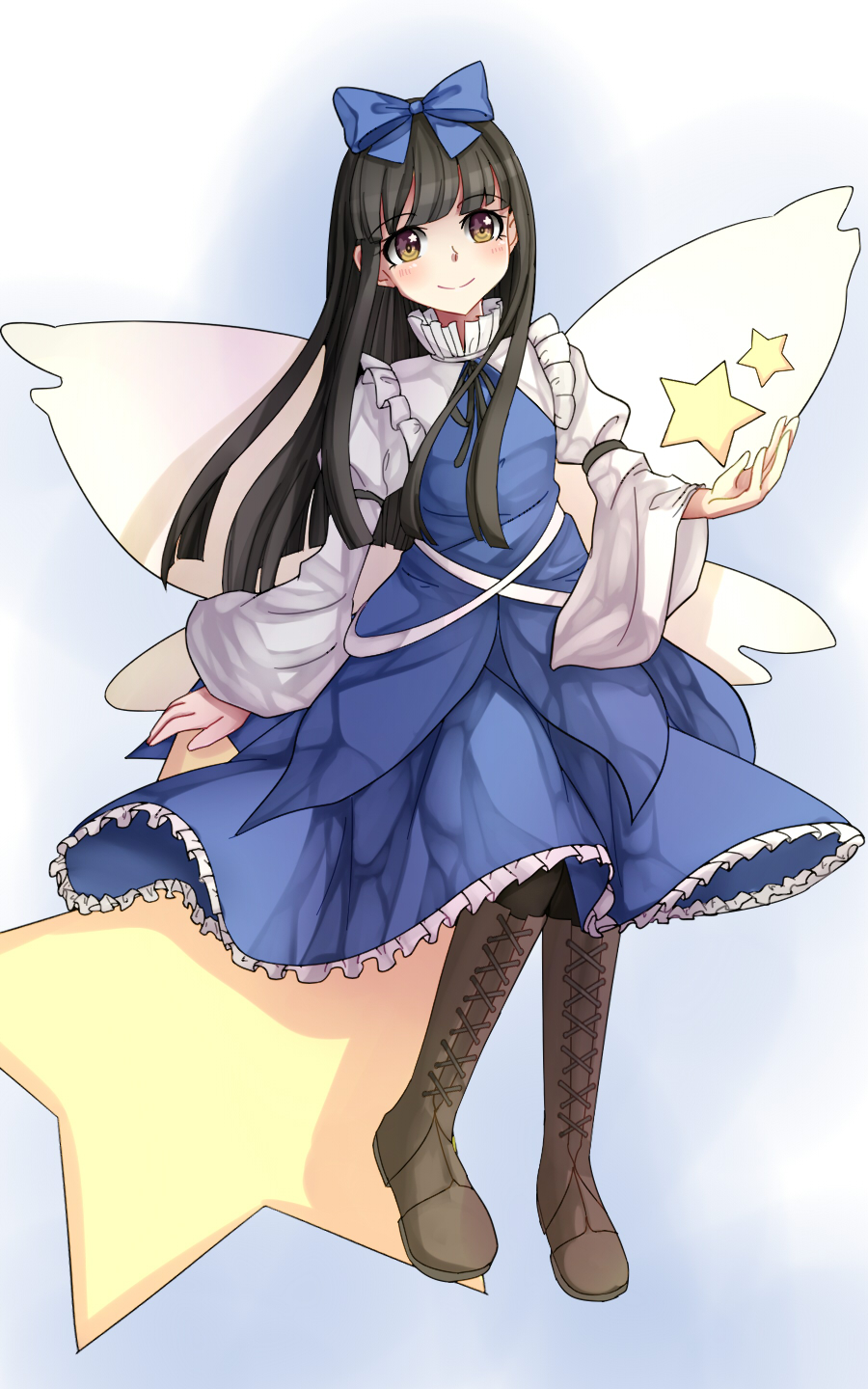 1girl bangs black_hair black_legwear blue_bow blue_dress blunt_bangs blush boots bow brown_boots closed_mouth cross-laced_footwear dress fairy_wings flat_chest full_body hair_bow hand_rest highres knee_boots long_hair long_sleeves looking_at_viewer pantyhose sitting smile solo star star-shaped_pupils star_sapphire symbol-shaped_pupils touhou two-tone_background wide_sleeves wings yellow_eyes yu_cha