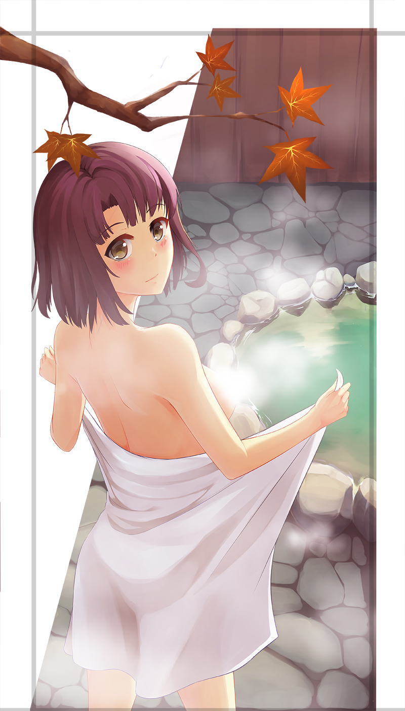 1girl autumn_leaves blush breasts brown_eyes brown_hair closed_mouth convenient_censoring day fence from_above from_behind highres katou_megumi light_smile medium_breasts naked_towel onsen sabulina saenai_heroine_no_sodatekata short_hair solo standing steam steam_censor towel tree_branch water wooden_fence