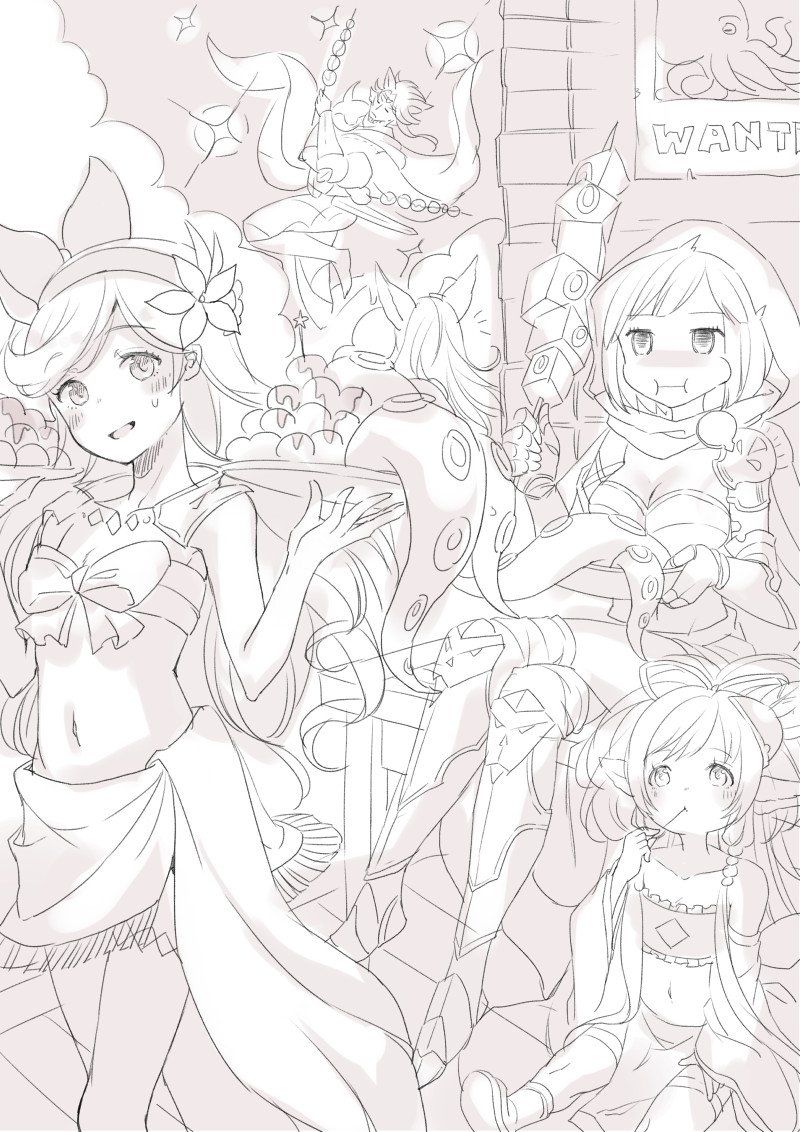 3girls boots chaos_ruler_(granblue_fantasy) cloak djeeta_(granblue_fantasy) eating erun_(granblue_fantasy) flower food granblue_fantasy hair_flower hair_ornament hairband legs_crossed long_hair makira_(granblue_fantasy) monochrome multiple_girls octopus sara_(granblue_fantasy) seruel sitting sketch skewer takoyaki tray waitress yumekui