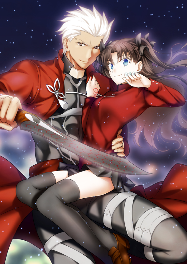 1boy 1girl archer black_hair black_legwear black_pants black_ribbon black_skirt blue_eyes brown_eyes eyebrows_visible_through_hair fate/stay_night fate_(series) floating_hair hair_ribbon hand_on_another's_hip holding holding_sword holding_weapon long_hair looking_at_viewer miniskirt nina_(pastime) pants pleated_skirt red_shirt ribbon shirt silver_hair skirt smile spiky_hair sword thigh-highs tohsaka_rin twintails weapon