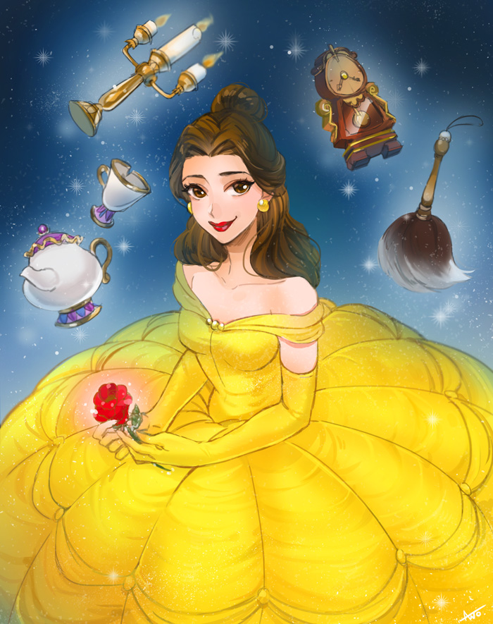 1girl ano_(sbee) artist_name bare_shoulders beauty_and_the_beast belle_(disney) blue_background brown_eyes brown_hair candle candlestand cup disney dress earrings elbow_gloves feather_duster flower gloves glowing glowing_flower hair_bun jewelry long_hair looking_at_viewer rose smile solo_focus sparkle sparkle_background teacup teapot watch yellow_dress