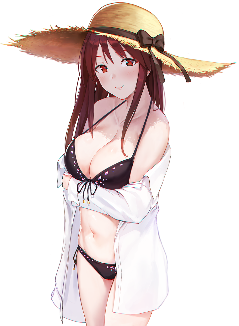 1girl bikini black_bikini blush bow breast_hold breasts cleavage closed_mouth collarbone cowboy_shot deneb_(noble324) front-tie_bikini front-tie_top halterneck hat hat_bow hat_ribbon highres idolmaster idolmaster_cinderella_girls large_breasts long_hair long_sleeves mifune_miyu navel off_shoulder open_clothes open_shirt purple_hair red_eyes ribbon shirt side-tie_bikini sidelocks simple_background smile solo strap_gap straw_hat sun_hat swimsuit undressing white_background