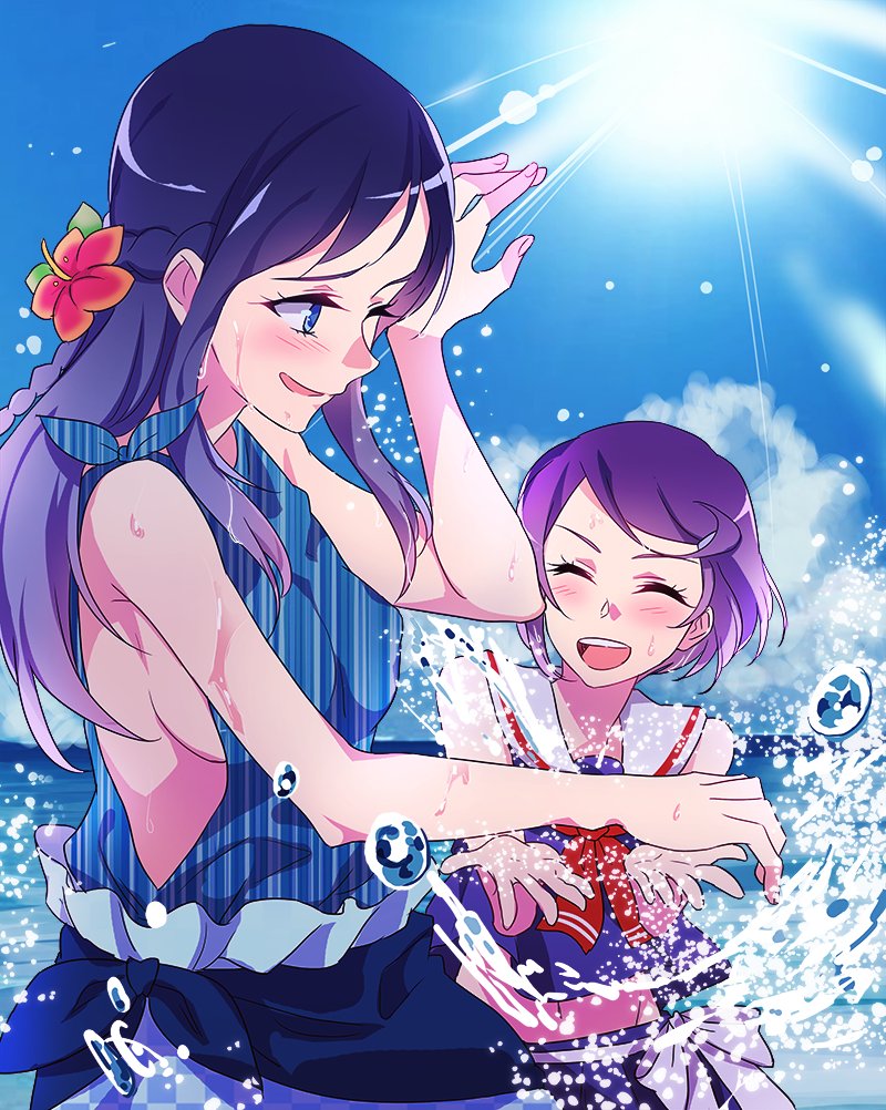 2girls :d ^_^ blue_eyes blue_hair blue_sky blush breasts closed_eyes clouds day dokidoki!_precure flower hair_flower hair_ornament hairclip hishikawa_rikka kenzaki_makoto long_hair midriff multiple_girls navel negom ocean one_eye_closed open_mouth precure purple_hair short_hair sideboob sky smile sun sunlight water wet