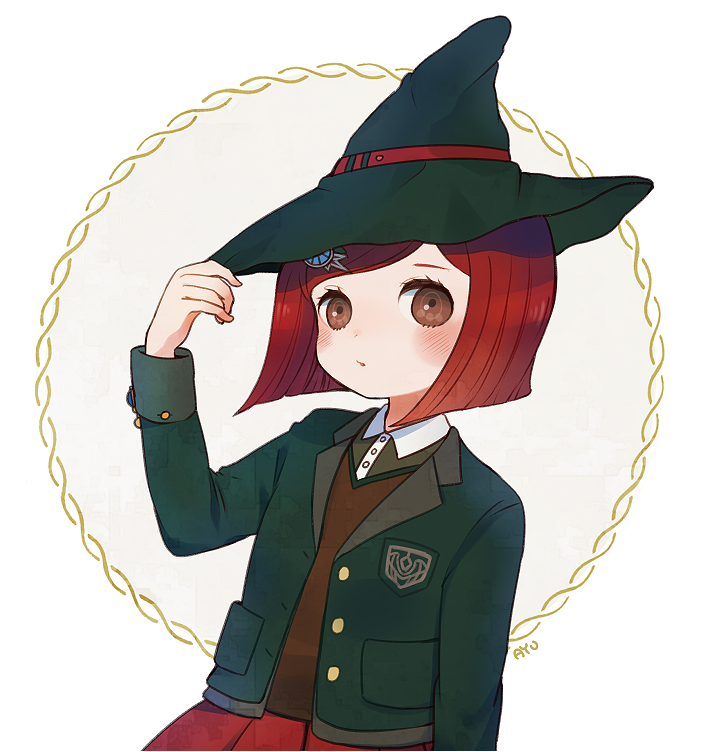 1girl ayu_(mog) blazer brown_eyes dangan_ronpa hair_ornament hairclip hat hat_tip jacket new_dangan_ronpa_v3 pleated_skirt redhead school_uniform skirt solo upper_body witch_hat yumeno_himiko