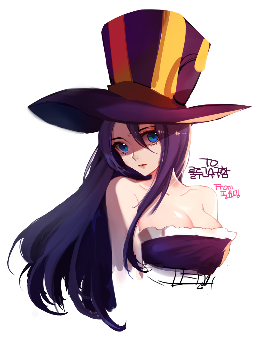 1girl bare_shoulders blue_eyes breasts caitlyn_(league_of_legends) cleavage h_cheomji hat large_breasts league_of_legends long_hair purple_hair striped