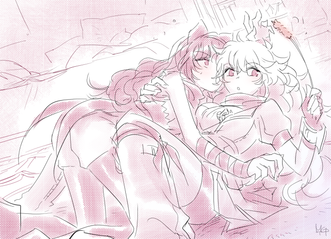 2girls bed bedroom blake_belladonna bow breasts cat_teaser check_commentary cleavage commentary_request ember_celica_(rwby) hair_bow hug multiple_girls rwby rwby_fanartnest yang_xiao_long yuri