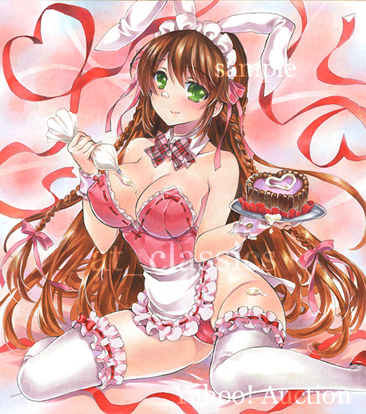 1girl animal_ears apron artist_name at_classics bangs bare_shoulders blush braid breasts brown_hair cake chocolate_cake cleavage closed_mouth cream cream_on_face detached_collar erect_nipples eyebrows_visible_through_hair food food_on_face green_eyes groin hair_between_eyes hair_ribbon heart holding holding_tray large_breasts leotard long_hair looking_at_viewer original pink_leotard pink_ribbon plaid_bowtie rabbit_ears ribbon sample side_braid sitting smile solo thigh-highs traditional_media tray twin_braids very_long_hair waist_apron wariza watermark white_apron white_legwear wrist_cuffs