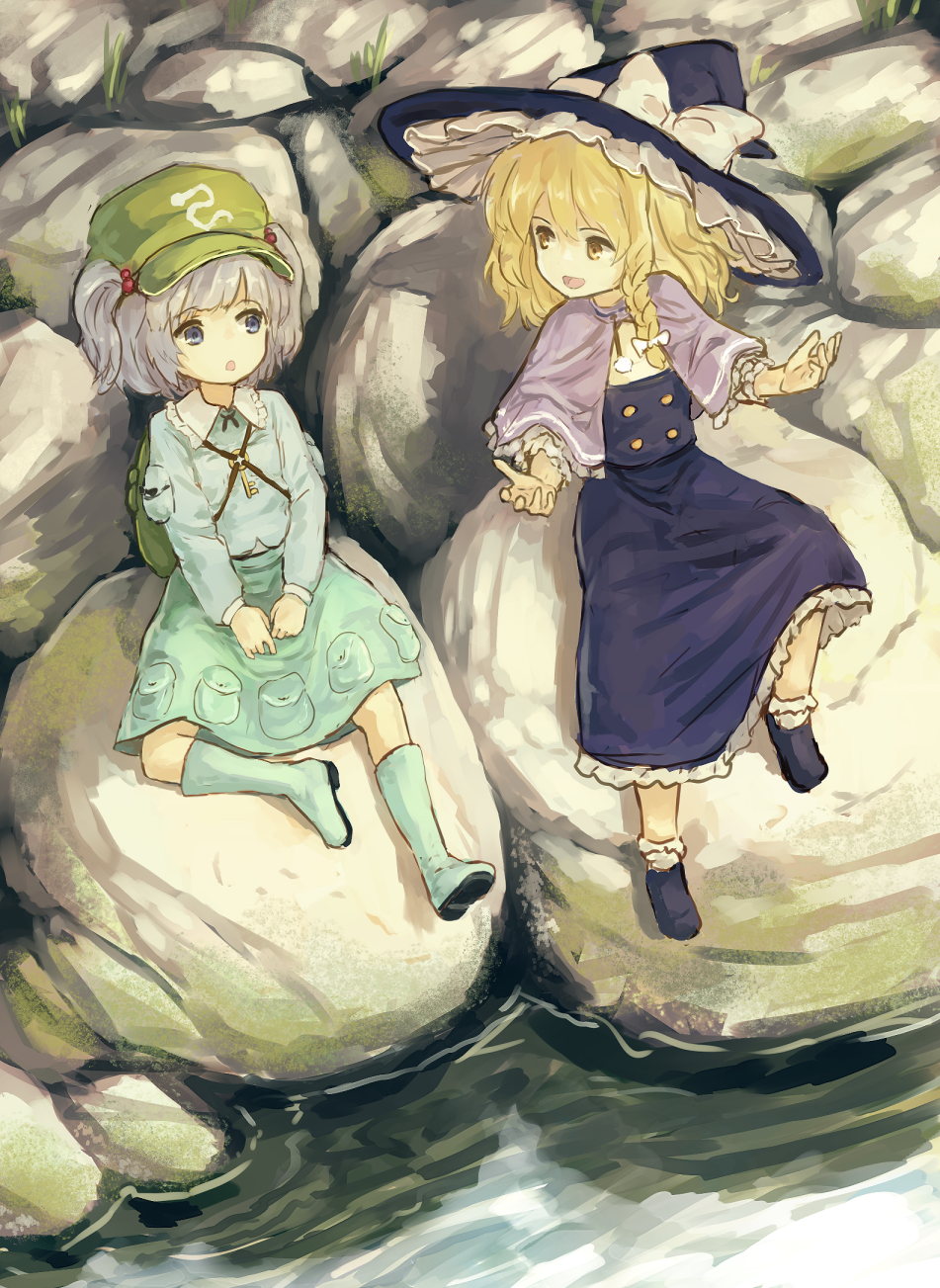 2girls backpack bag bionekojita blonde_hair blue_boots blue_eyes blue_hair blue_skirt boots bow buttons capelet green_hat hair_bobbles hair_bow hair_ornament hat hat_bow highres kawashiro_nitori key kirisame_marisa long_skirt long_sleeves looking_at_another multiple_girls outdoors rock rubber_boots sitting skirt skirt_set smile touhou two_side_up water white_bow witch_hat yellow_eyes