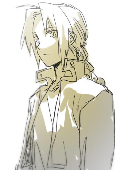 1boy braid coat edward_elric expressionless eyebrows_visible_through_hair fullmetal_alchemist greyscale long_hair looking_away male_focus monochrome riru simple_background standing white_background