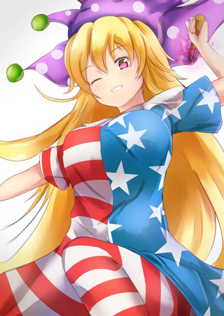 1girl american_flag_dress american_flag_legwear blonde_hair blush breasts clownpiece from_below hat jester_cap large_breasts lesshat long_hair looking_at_viewer neck_ruff older one_eye_closed pantyhose solo touhou very_long_hair violet_eyes