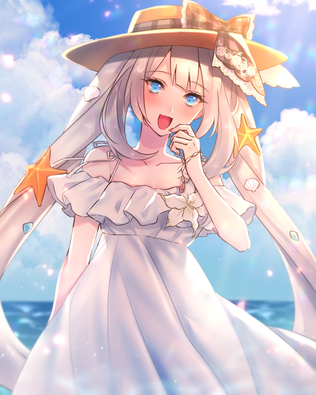 1girl :d blue_eyes blush bow clouds day dress fate/grand_order fate_(series) hat hat_bow highres long_hair looking_at_viewer marie_antoinette_(fate/grand_order) marie_antoinette_(swimsuit_caster)_(fate) moe_(hamhamham) open_mouth outdoors plaid plaid_ribbon ribbon seashell_hair_ornament silver_hair smile solo starfish_hair_ornament twintails white_dress yellow_hat