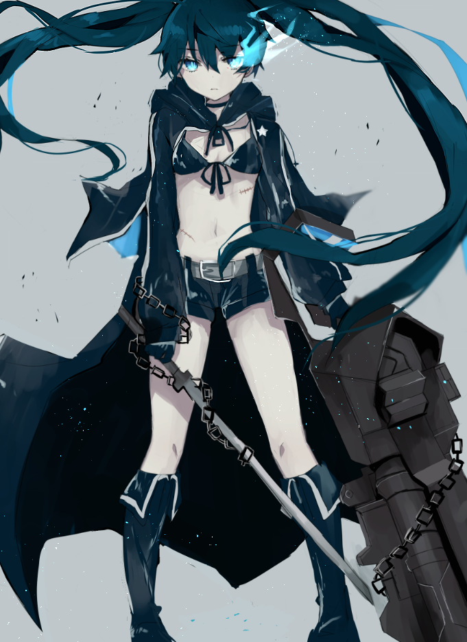 1girl belt black_bikini_top black_boots black_gloves black_hair black_rock_shooter black_rock_shooter_(character) black_shorts blue_eyes boots breasts burning_eye chains choker cleavage floating_hair front-tie_top gloves grey_background gun hair_between_eyes heremia holding holding_gun holding_sword holding_weapon knee_boots long_hair midriff navel parted_lips scar short_shorts shorts small_breasts solo standing star star_print stomach sword twintails very_long_hair weapon