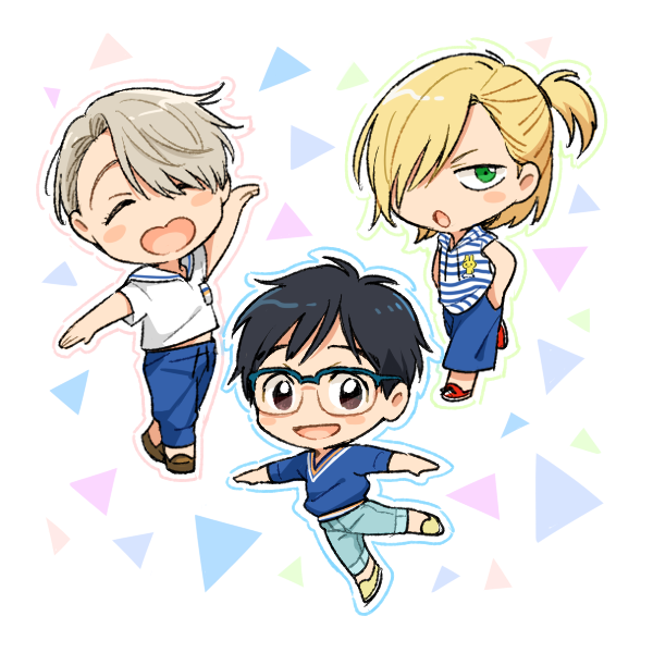 3boys ^_^ black_hair blonde_hair blush_stickers brown_eyes chibi closed_eyes green_eyes hair_over_one_eye half_updo hood hoodie katsuki_yuuri male_focus multiple_boys open_mouth posca sailor_collar silver_hair sleeveless sleeveless_hoodie smile viktor_nikiforov yuri!!!_on_ice yuri_plisetsky