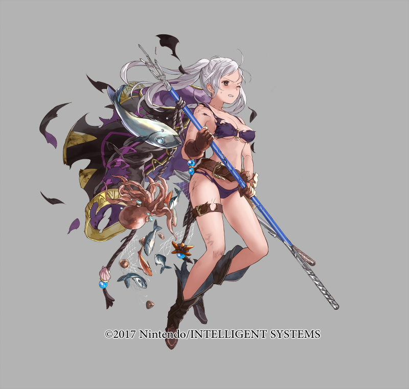 1girl bikini breasts cape female_my_unit_(fire_emblem:_kakusei) fire_emblem fire_emblem:_kakusei fire_emblem_heroes full_body gloves hood long_hair mayo_(becky2006) my_unit_(fire_emblem:_kakusei) navel official_art one_eye_closed polearm smile spear swimsuit torn_clothes twintails weapon white_hair