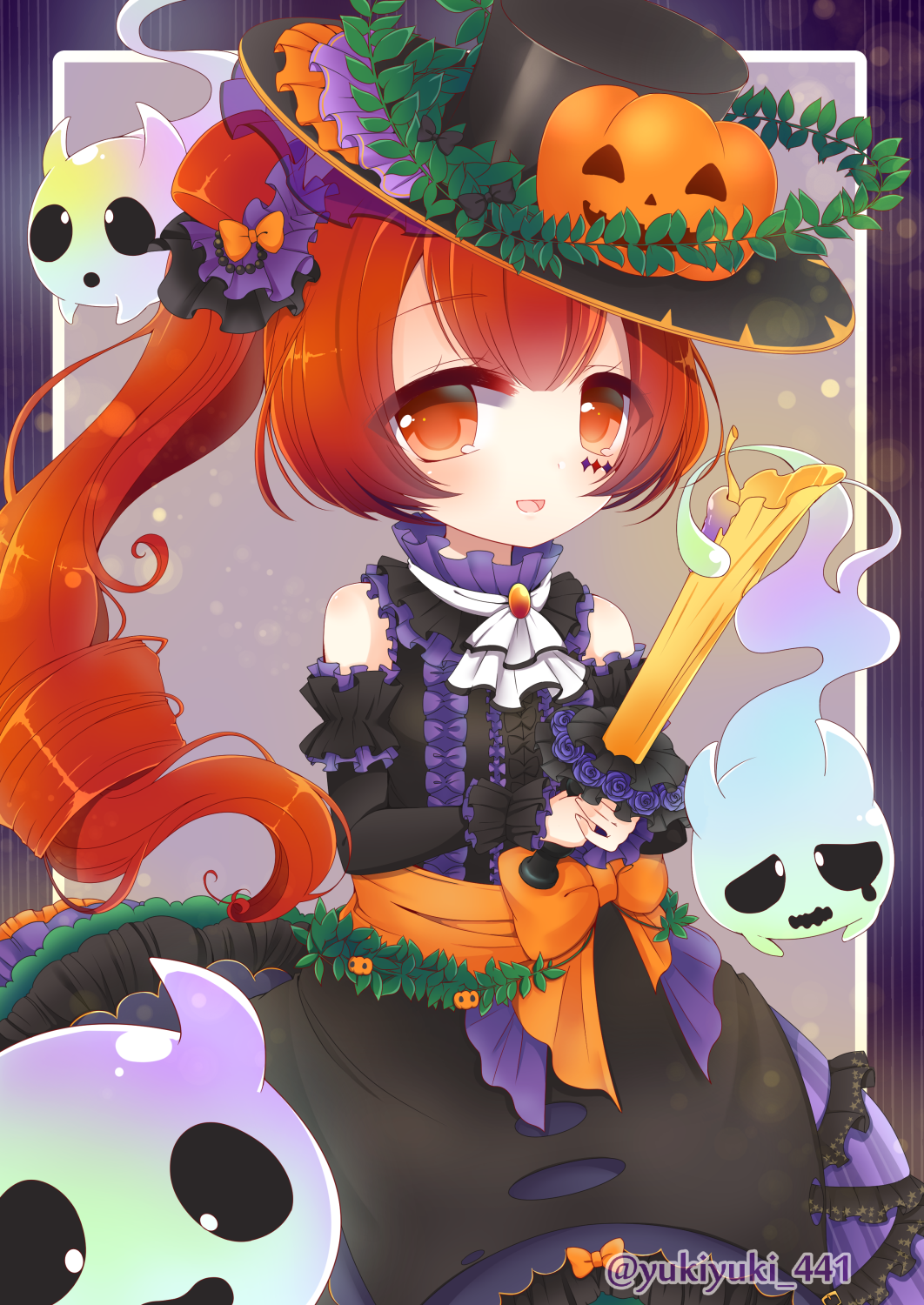 1girl :d bangs bare_shoulders black_dress black_hat black_ribbon blush bow brown_eyes brown_hair character_request commentary_request detached_sleeves dress eyebrows_visible_through_hair flower ghost hair_between_eyes hair_ribbon hat highres holding jack-o'-lantern long_hair long_sleeves looking_at_viewer open_mouth orange_bow purple_flower purple_ribbon purple_rose ribbon ringlets rose shironeko_project side_ponytail sidelocks smile solo twitter_username very_long_hair yukiyuki_441