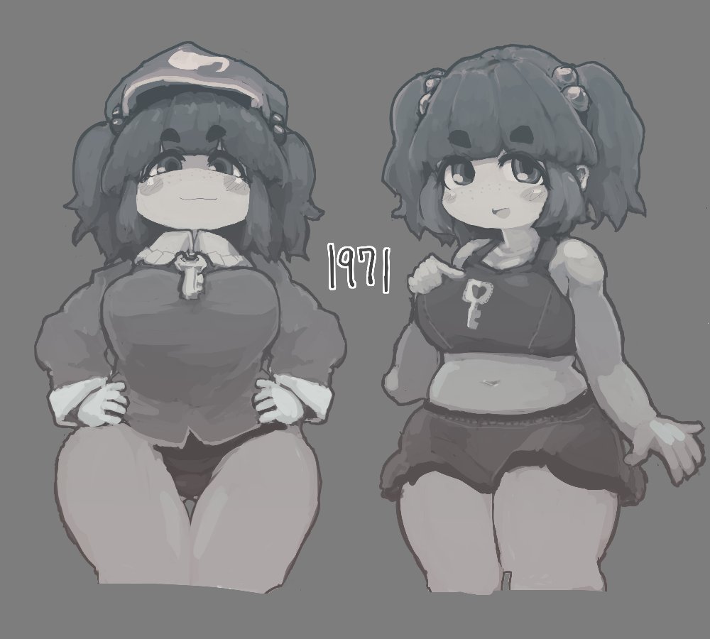 1girl :d belly bergehetzer black_panties blouse blush_stickers breasts crop_top curvy hat kawashiro_nitori key large_breasts midriff muted_color navel open_mouth panties plump short_hair skirt smile thick_eyebrows thick_thighs thigh_gap thighs touhou two_side_up underwear