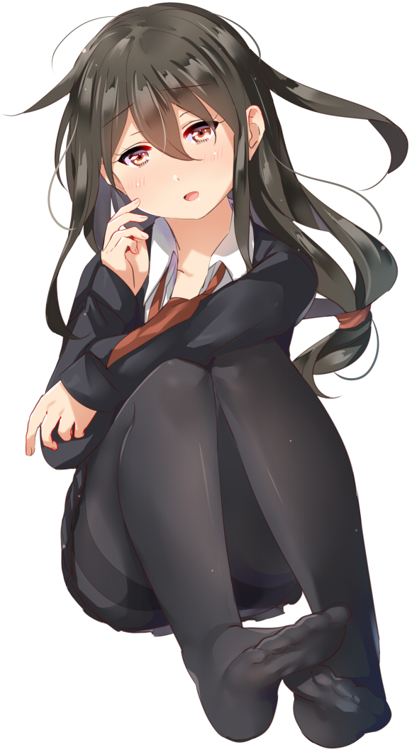 1girl black_hair black_legwear blazer blush eyebrows_visible_through_hair feet hand_on_own_cheek hatsushimo_(kantai_collection) headband jacket juurouta kantai_collection long_hair low-tied_long_hair no_shoes open_mouth pantyhose red_eyes school_uniform simple_background solo toes white_background