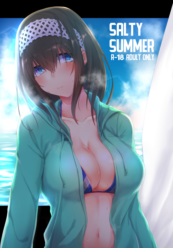 1girl bikini_top black_hair blue_eyes blush breasts cleavage cover cover_page doujin_cover english hairband head_tilt idolmaster idolmaster_cinderella_girls jacket kyuunosuke_(lactis09) large_breasts light_smile long_hair ocean open_clothes open_jacket sagisawa_fumika solo swimsuit swimsuit_under_clothes