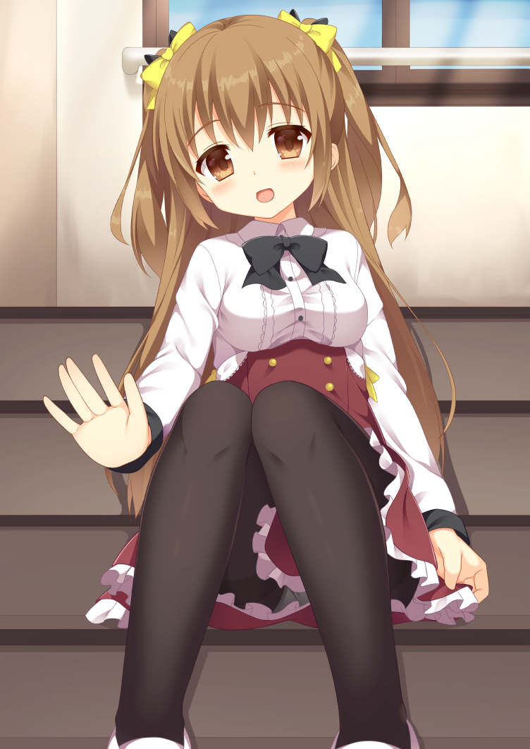 1girl :d bangs black_bow black_bowtie black_legwear blush bow bowtie breasts brown_eyes brown_hair collared_shirt eyebrows_visible_through_hair frilled_skirt frills hair_between_eyes hair_bow head_tilt high-waist_skirt indoors long_hair long_sleeves looking_at_viewer medium_breasts open_mouth original outstretched_arm panties panties_under_pantyhose pantyhose red_skirt shirt shoes sidelocks sitting sitting_on_stairs skirt skirt_hold smile solo stairs tareme two_side_up underwear usagino_suzu white_panties white_shirt white_shoes window yellow_bow