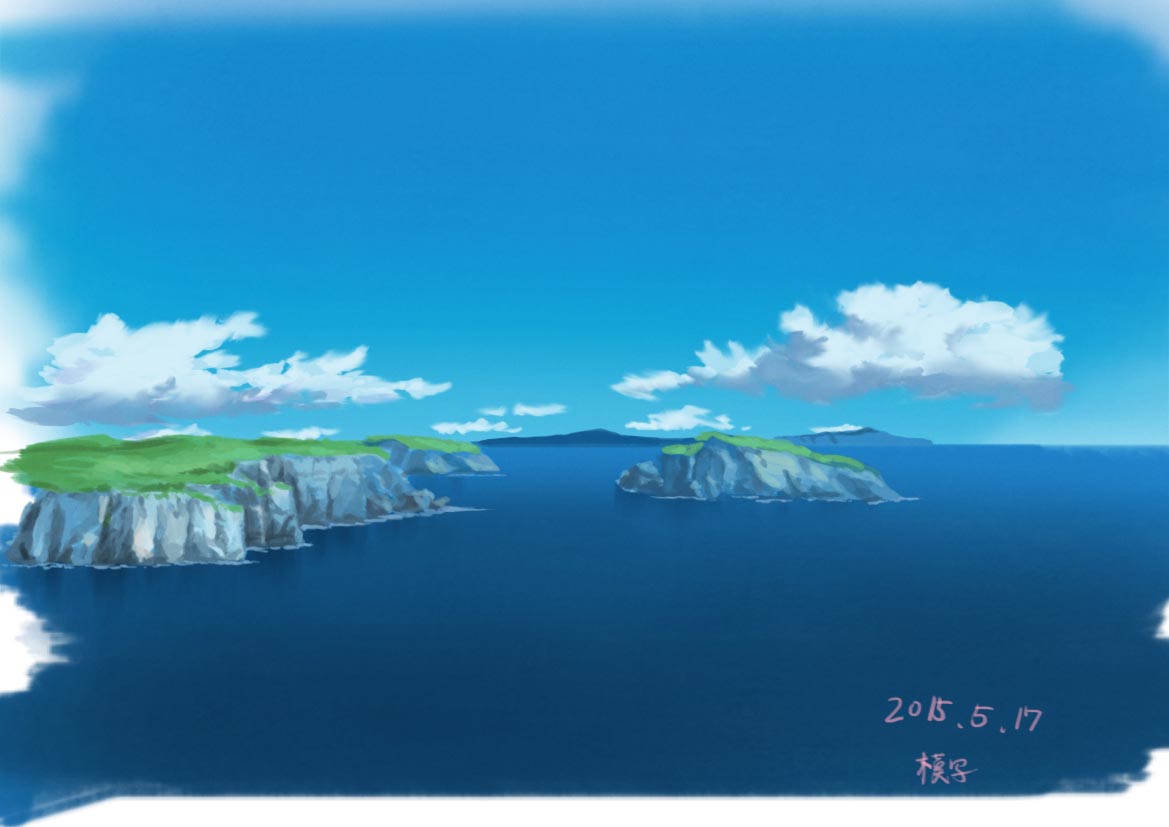 artist_signature blue_sky clouds commentary_request dated day hirota_(masasiv3) island kurenai_no_buta no_humans ocean outdoors scenery sky