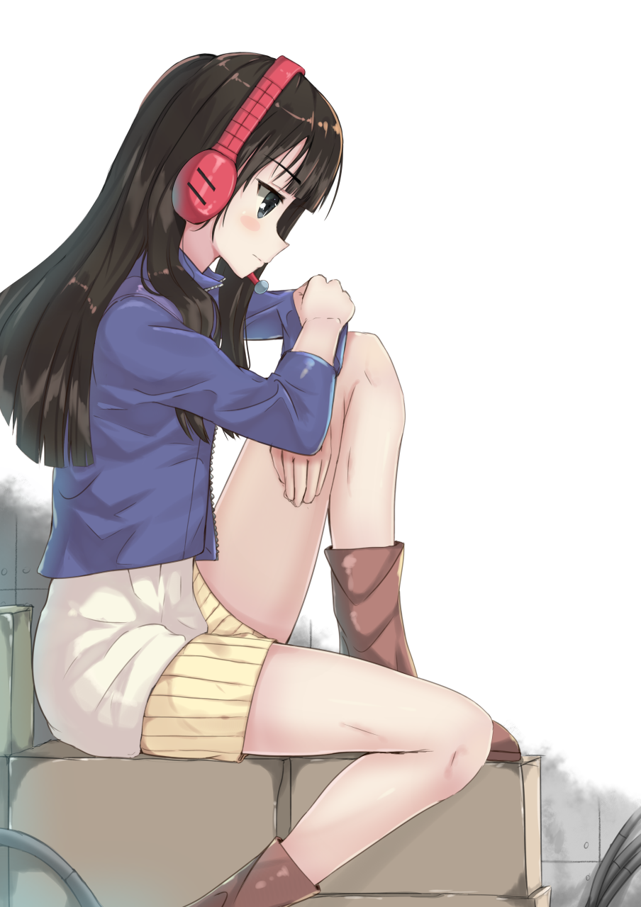 1girl black_eyes black_hair blush boots brown_boots character_request closed_mouth flip_flappers from_side headphones highres long_hair long_sleeves looking_away looking_down sitting solo ynote