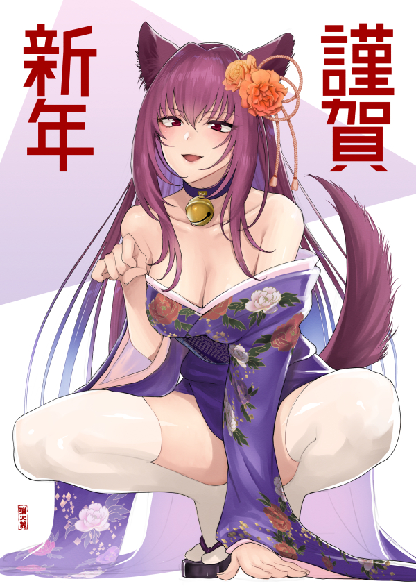 1girl animal_ears artist_name bare_shoulders bell bell_collar blush breasts cleavage collar collarbone convenient_arm dog_ears dog_girl dog_tail fate/grand_order fate_(series) floral_print flower hair_flower hair_ornament happy_new_year japanese_clothes jingle_bell kimono long_sleeves medium_breasts new_year obi open_mouth paw_pose purple_hair red_eyes sash scathach_(fate/grand_order) shiny shiny_clothes shiny_hair shiny_skin short_kimono shoukaki_(earthean) smile solo squatting tabi tail thigh-highs thighs translated triangle white_background white_legwear wide_sleeves zouri