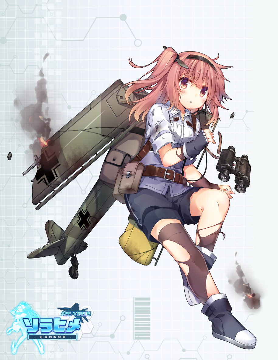 :d ace_virgin belt binoculars damaged fieseler_fi_156 fingerless_gloves fire gloves hair_ornament hair_tubes hairband jiang-ge legs_together looking_at_viewer mecha_musume open_mouth pink_eyes pink_hair pouch propeller_hair_ornament shirt shorts side_ponytail smile thigh-highs torn_clothes torn_thighighs wings zettai_ryouiki