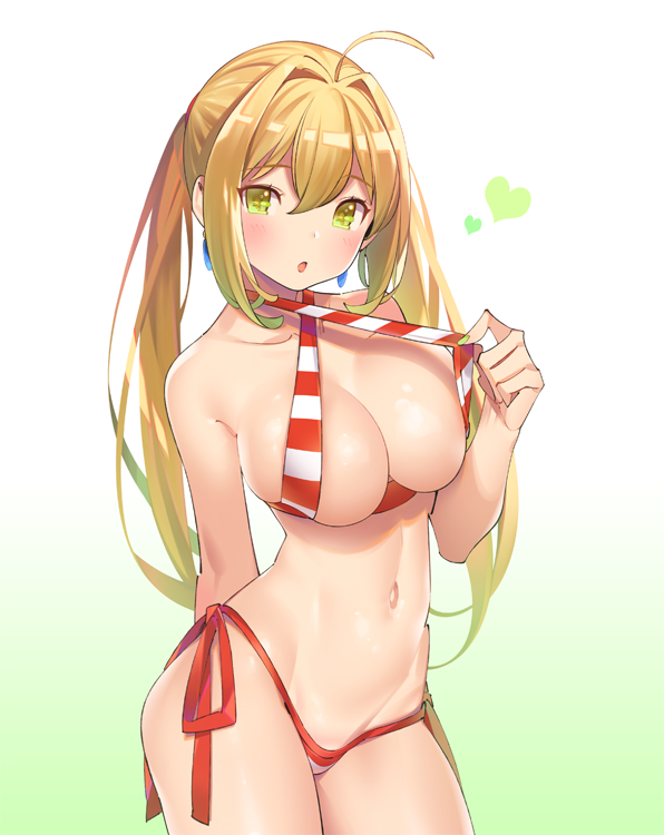 1girl ahoge arm_behind_back bikini bikini_pull blonde_hair blush breasts criss-cross_halter fate/grand_order fate_(series) green_eyes hair_intakes halterneck heart large_breasts long_hair looking_at_viewer navel nero_claudius_(swimsuit_caster)_(fate) open_mouth pop_kyun side-tie_bikini simple_background solo striped striped_bikini swimsuit twintails white_background