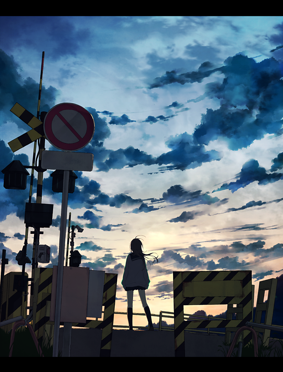 1girl barricade black_hair black_legwear cardigan clouds day from_behind full_body hair_blowing kneehighs letterboxed loafers long_hair no_entry_sign original outdoors pleated_skirt railing railroad_crossing railroad_signal road_sign sailor_collar shoes sign skirt sky solo standing tadano_tsukasa twilight wind