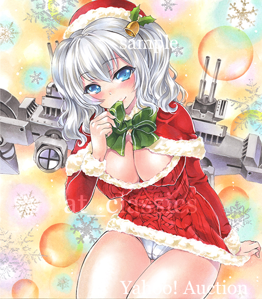 1girl artist_name at_classics bangs bell blue_eyes blush bow bowtie breasts capelet christmas cleavage closed_mouth cowboy_shot dress erect_nipples eyebrows_visible_through_hair fur_trim green_bow green_bowtie hair_bell hair_between_eyes hair_ornament hat kantai_collection kashima_(kantai_collection) large_breasts leaf long_sleeves looking_at_viewer mouth_hold panties red_dress sample santa_costume santa_hat silver_hair sitting smile snowflake_background snowflakes solo thigh_gap traditional_media twintails underwear watermark white_panties
