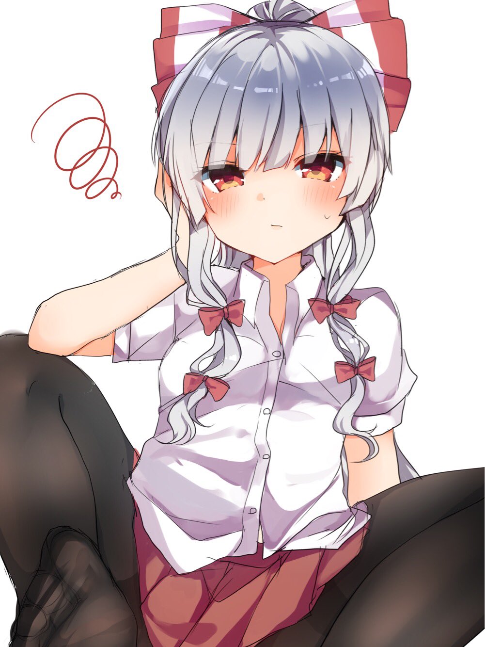 1girl bangs black_legwear blush bow brown_eyes buttons closed_mouth collared_shirt eyebrows_visible_through_hair feet fujiwara_no_mokou hair_bow hand_on_own_cheek hand_up highres karasusou_nano looking_at_viewer no_shoes pantyhose pleated_skirt red_bow red_skirt shirt short_sleeves sidelocks simple_background sitting skirt solo squiggle thighband_pantyhose toes touhou white_background white_hair white_shirt