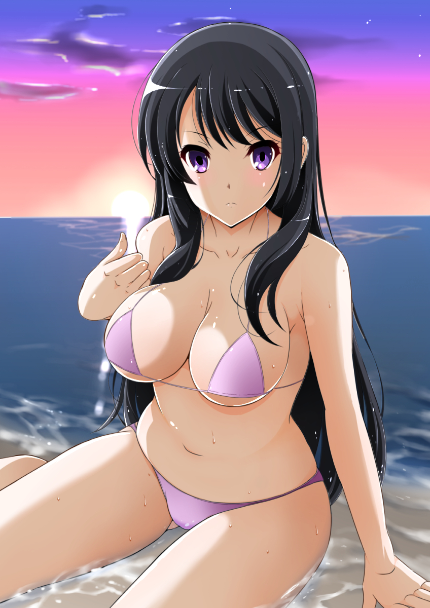 1girl beach bikini black_hair breasts cleavage hibike!_euphonium highres horizon kousaka_reina large_breasts long_hair looking_at_viewer navel ocean partially_submerged sitting solo sun sunrise swimsuit violet_eyes wariza wet white_bikini yajima_index