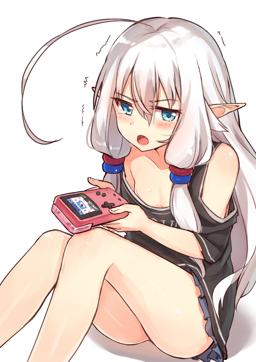 &gt;:o 1girl :o ahoge bare_legs blue_eyes blush breasts collarbone fang game_boy_color grey_skirt hair_tubes handheld_game_console highres long_hair looking_at_viewer off_shoulder open_mouth original pointy_ears ruma_imaginary shoulder_cutout sidelocks sitting skirt small_breasts solo tearing_up tears thighs trembling white_hair